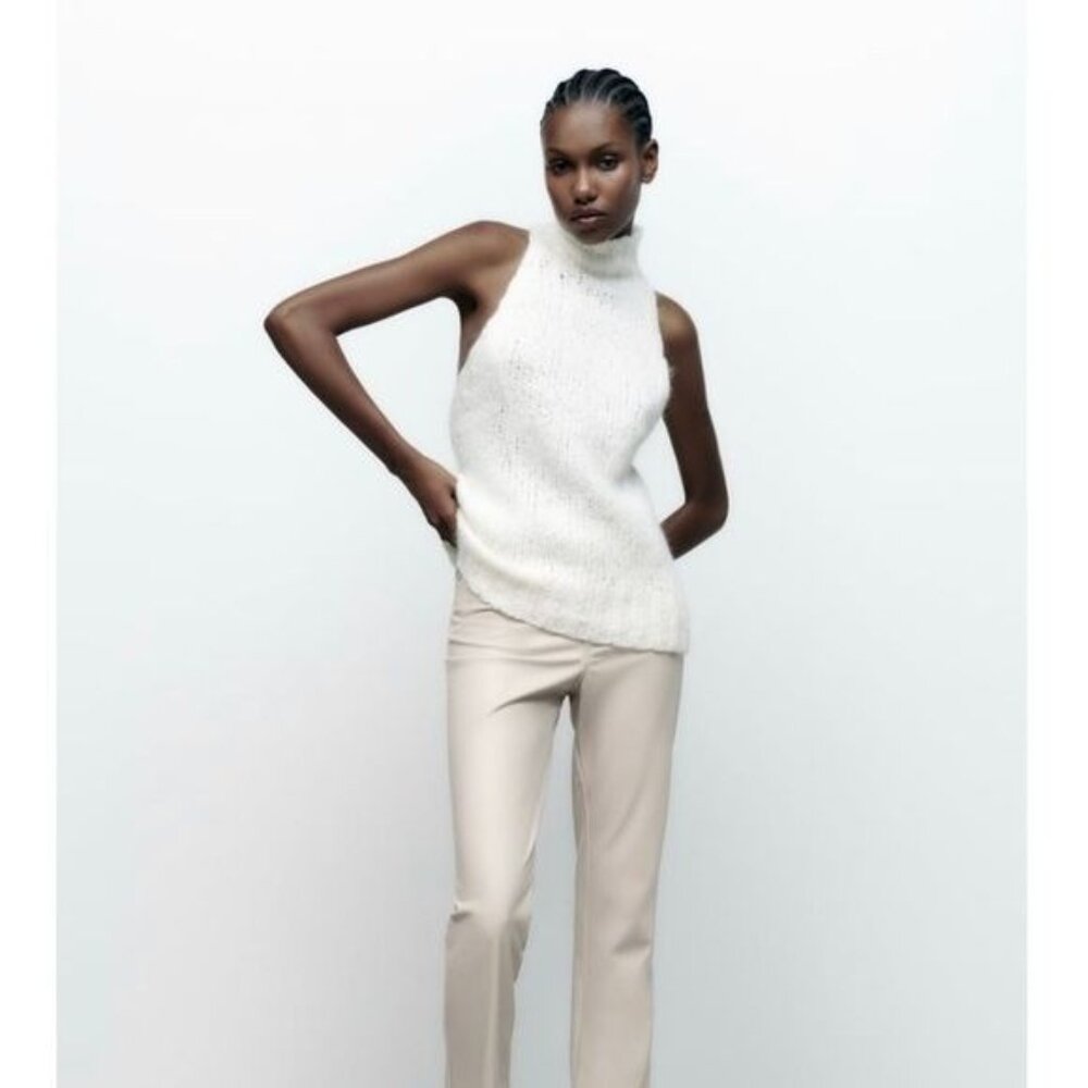 ZARA Faux Leather Super High Rise Slim Flare Pants Slit Size 2 34 Long Beige - Picture 13 of 14